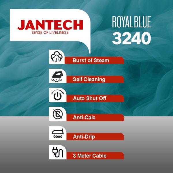 اینفوگرافی خصوصیات اصلی اتو بخار پروگلاید جانتک مدل ROYAL BLUE 3240 JANTECH