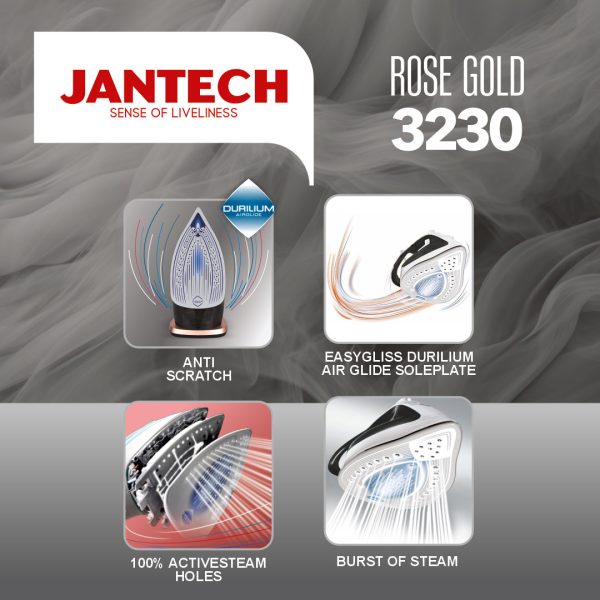 اینفوگرافی ویژگی های برجسته اتو بخار پروگلاید جانتک مدل ROSE GOLD 3230 JANTECH