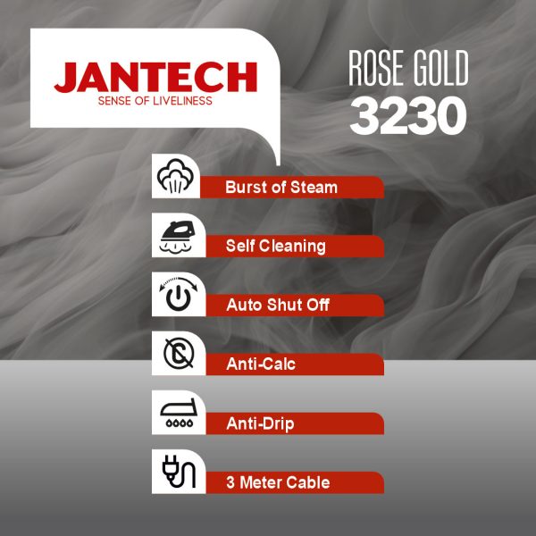 اینفوگرافی خصوصیات برتر اتو بخار پروگلاید جانتک مدل ROSE GOLD 3230 JANTECH