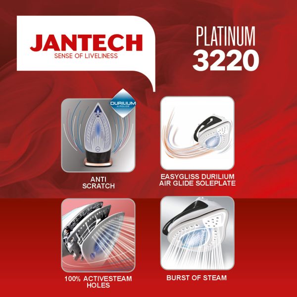 تصویر اینفوگرافی ویژگی های برجسته اتو بخار پروگلاید جانتک مدل PLATINUM 3220 JANTECH