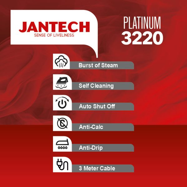 اینفوگرافی خصوصیات اتو بخار پروگلاید جانتک مدل PLATINUM 3220 JANTECH